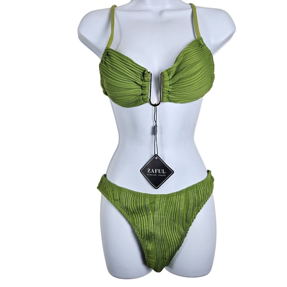Zaful Womens Size Small Green Textured Bikini Set Adjustable Straps & Back Tie